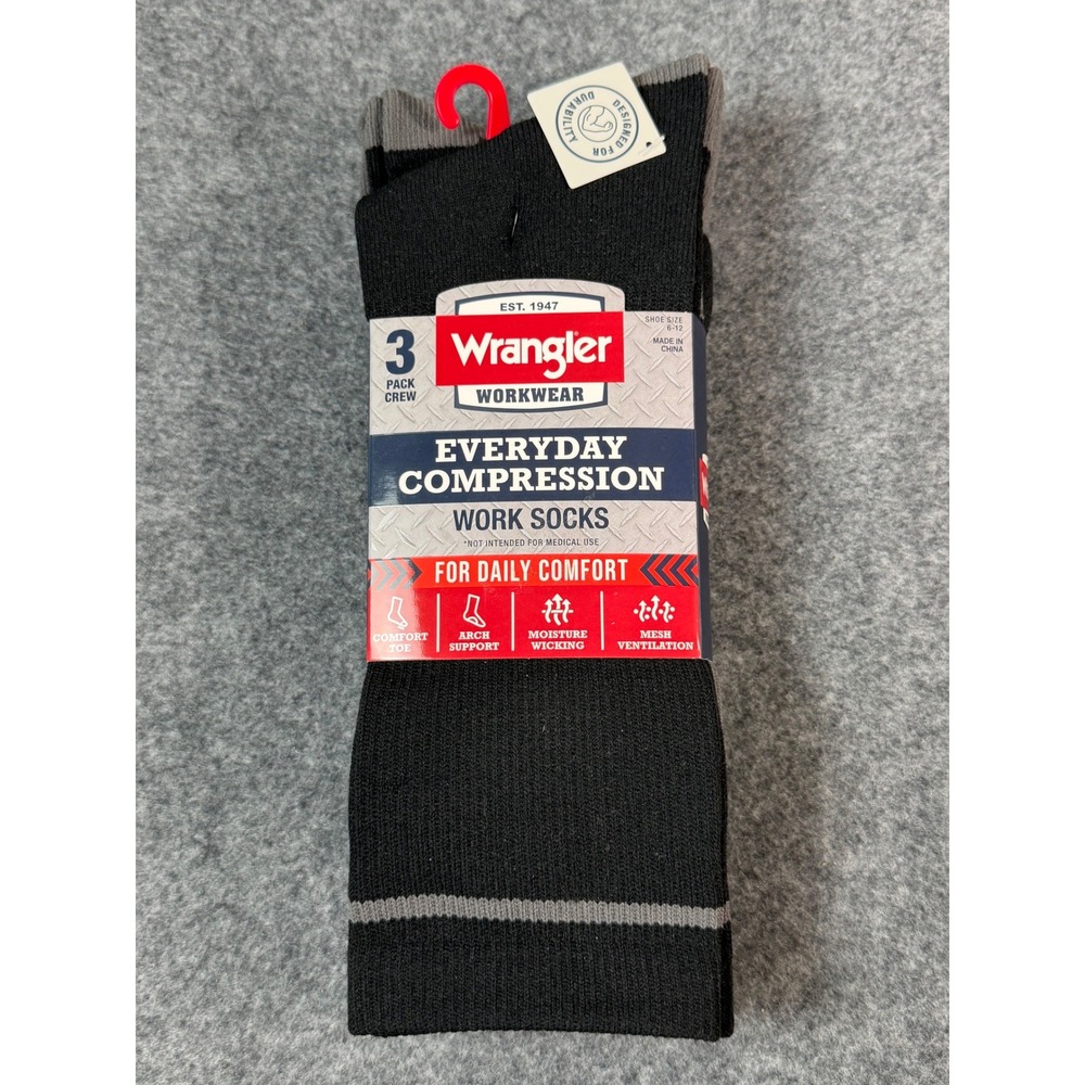 Wrangler Workwear Men 6-12 Black New 3 Pack Crew Everyday Compression Socks